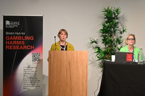 Image shows (left to right) Professor Sharon Collard and Professor Agnes Nairn, Co-Directors of the Bristol Hub for Gambling Harms Research at the University of Bristol addressing the International Interdisciplinary Colloquium last year.